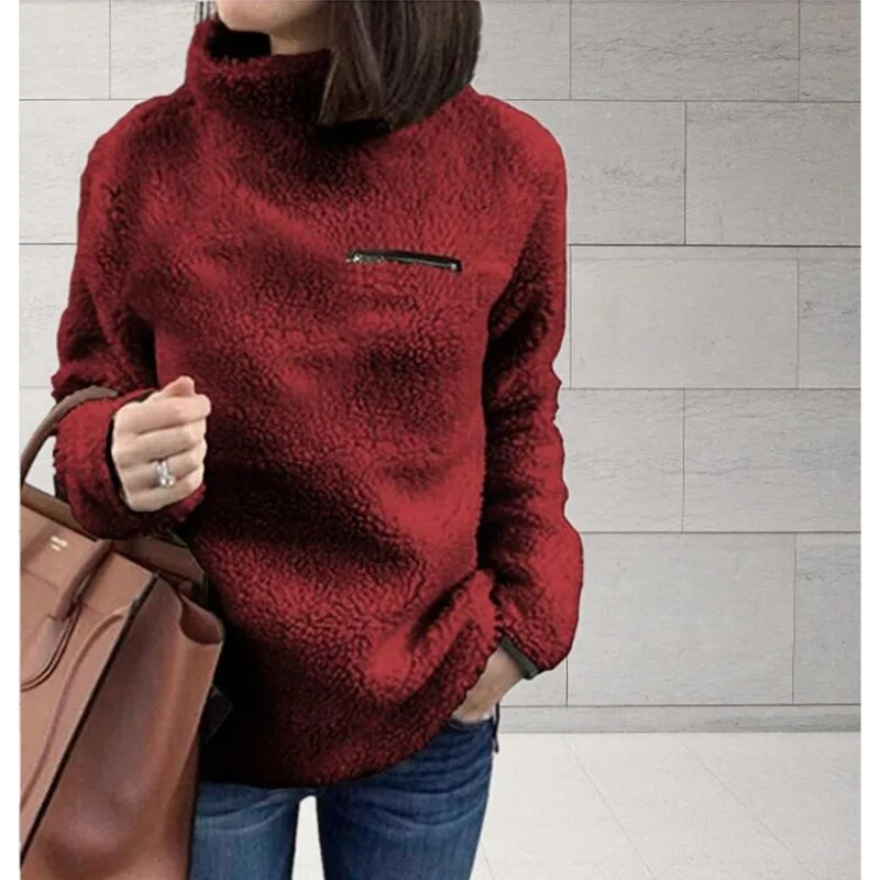Women's Clothing Autumn Winter Pullover Tops Fashion Hot Sale New Fleece Solid Pullover Fashion Zipper High Neck Base Layer Top