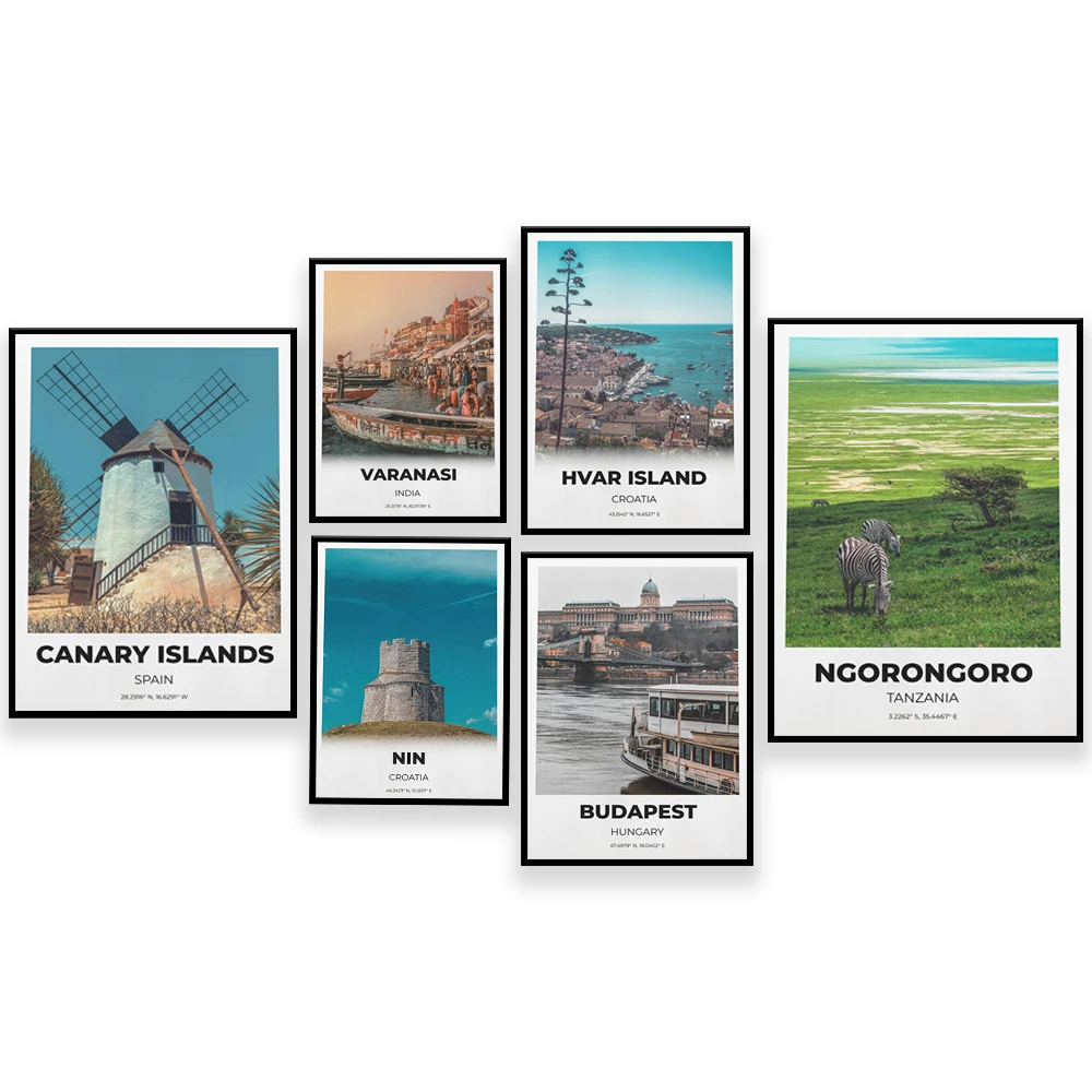 

Varanasi India Ganges, Budapest, Tanzania, Croatia, St. Nicholas Church, Fuerteventura Spain windmill countryside travel poster