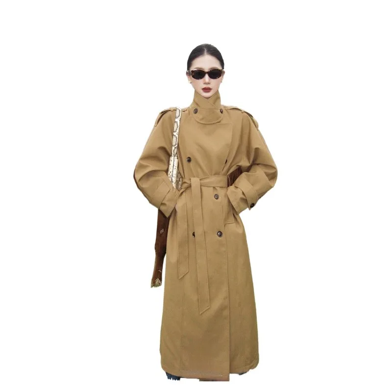 2026 معطف طويل ريترو كلاسيكي مزاجه ركاب التلبيب خندق معطف المرأة الكاكي صورة ظلية ملابس نسائية عالية الجودة