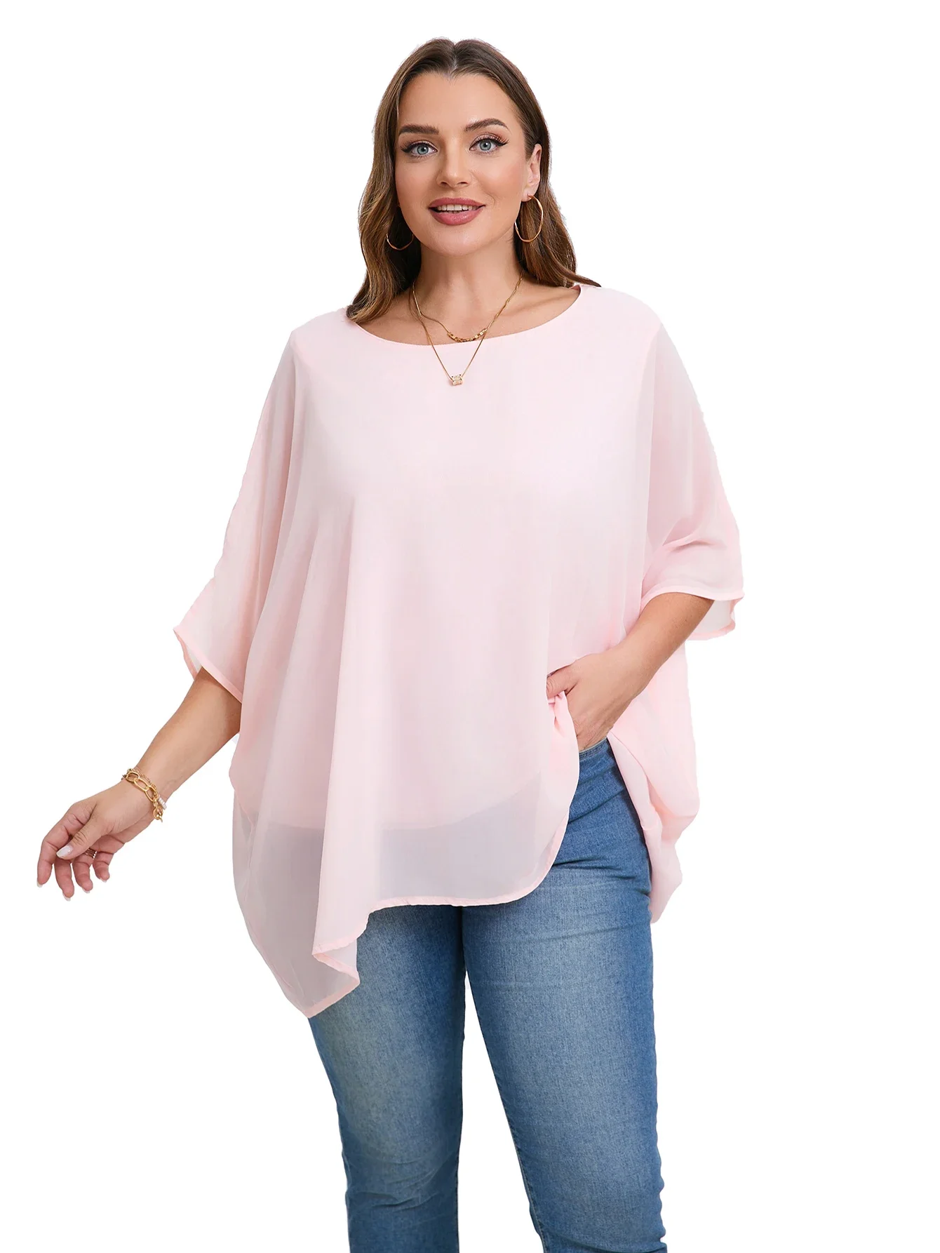 Blusa de batwing de manga chiffon feminina, camisa tamanho grande, gola redonda, grande, casual, túnica, elegante, verão, 6XL