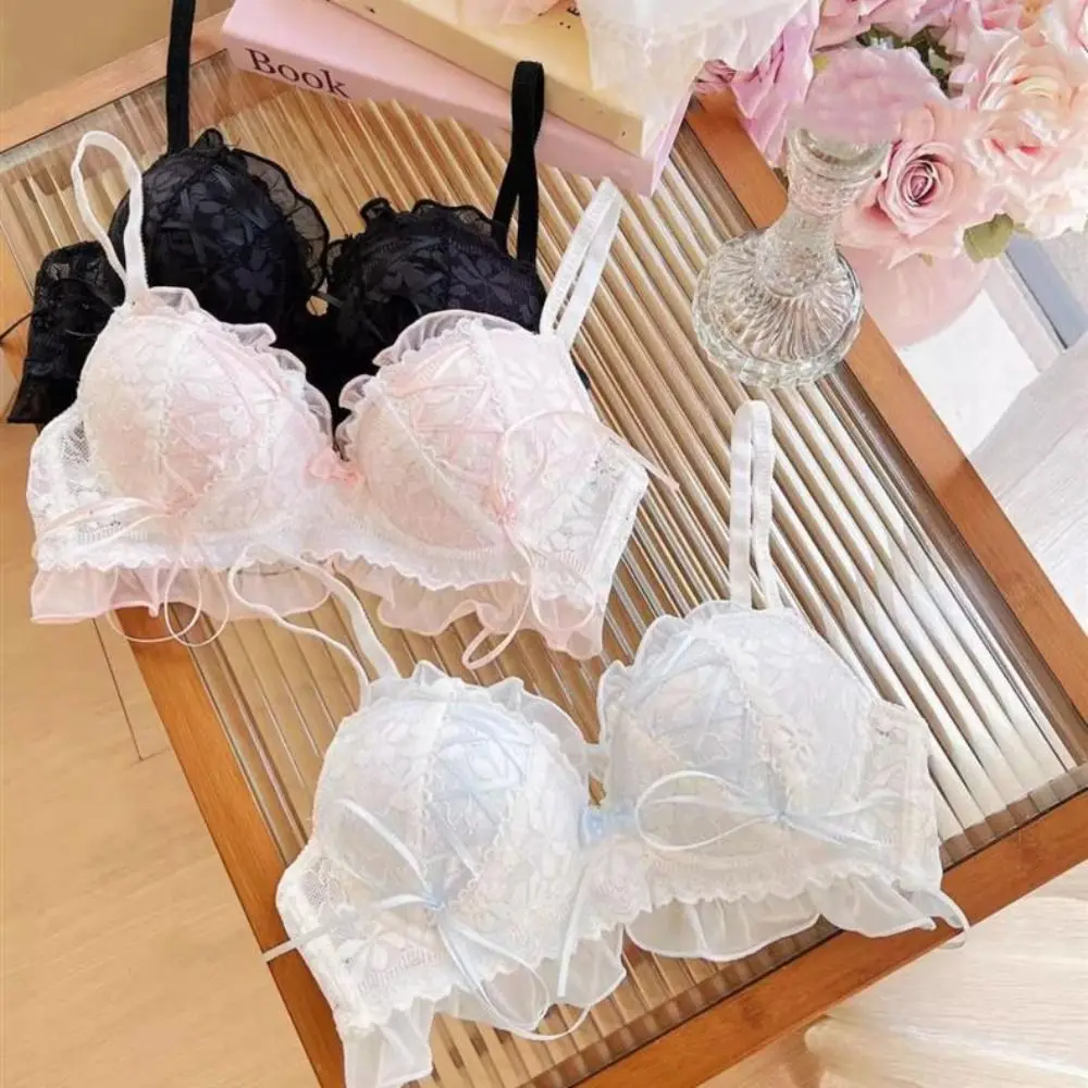 Sujetador con escote en V profundo sin aros con lazo, ropa interior dulce de Lolita con flores de malla para mujer, sujetador de realce de encaje antiflacidez a prueba de golpes para niñas