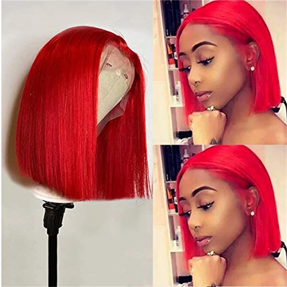 Transparent Short Bob Wig Human Hair Wigs 100% natural Red Straight 13x4 Lace Front Wig For Women Pre Plucked