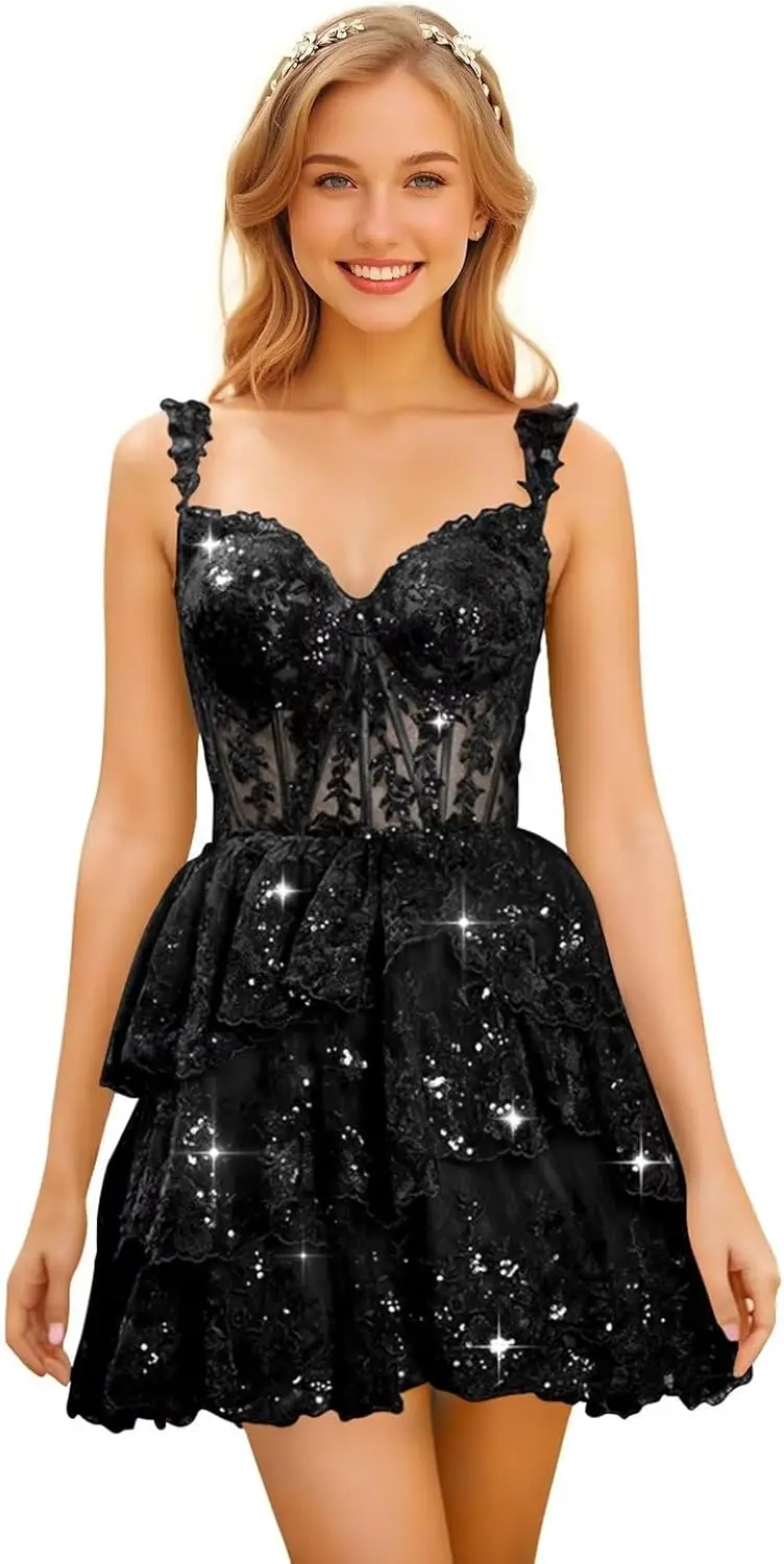 

Women's Sparkly Sequin Homecoming Dresses for Teens Tiered Lace Off Shoulder Short Prom Cocktail Party Dress Above Knee , Mini