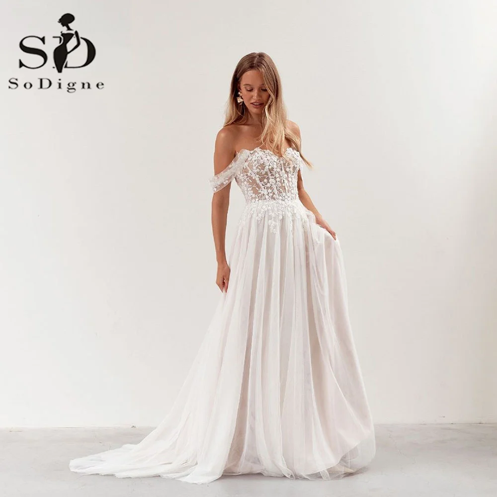 

SoDigne Elegant Ivory Vintage Wedding Dresses Off The Shoulder Corset A Line Bride Dress For Brides Lace Appliques Bridal Gown