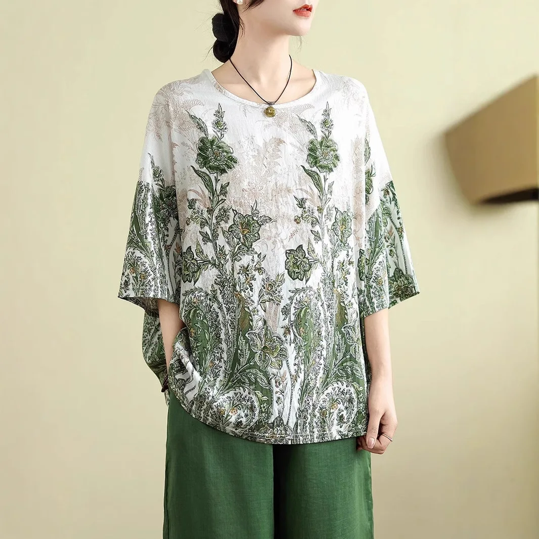 

Spring and Summer New Arrivals - Fresh Country Style Vacation and Leisure Light Green Floral Print Women's Plus Size Loose Top