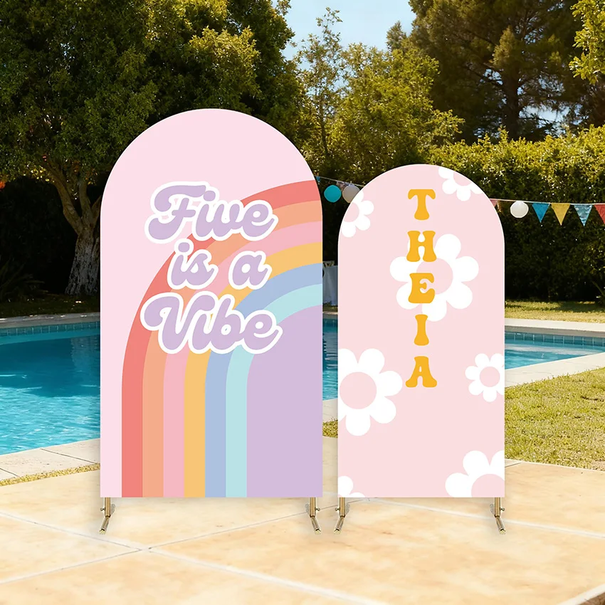

Двусторонний фон-арка Chiara Custom 2-Sided Five Is A Vibe с пастельными радужными ромашками для дня рождения девочки, вечеринки в честь рождения ребенка, декор для фотозоны