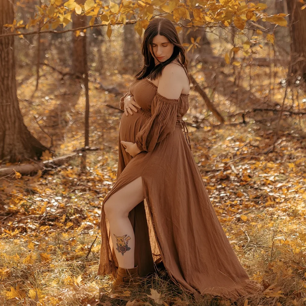 البوهيمي صور اطلاق النار فستان الحمل لينة الكتان القطن قبالة الكتف مطوي حافة فستان النساء الحوامل التصوير فستان #4