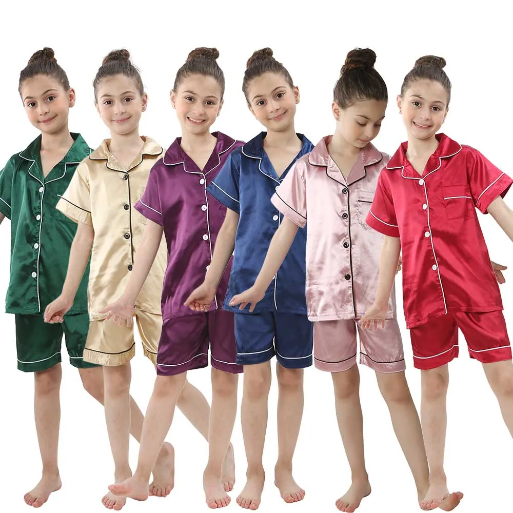 Summer Short Sleeve Satin Pajamas Silk Fabric Girls Sleepwear Boys Nightwear Solid Children's Pajama Sets Pyjamas Boy Baby Wear