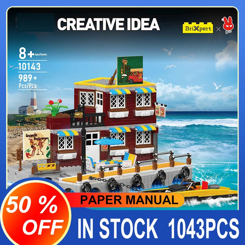 MOULD KING 10143 Seaside Restaurant Ship 989Pcs Model Building Blocks Bricks Educational Toys Kids Birthday Gifts