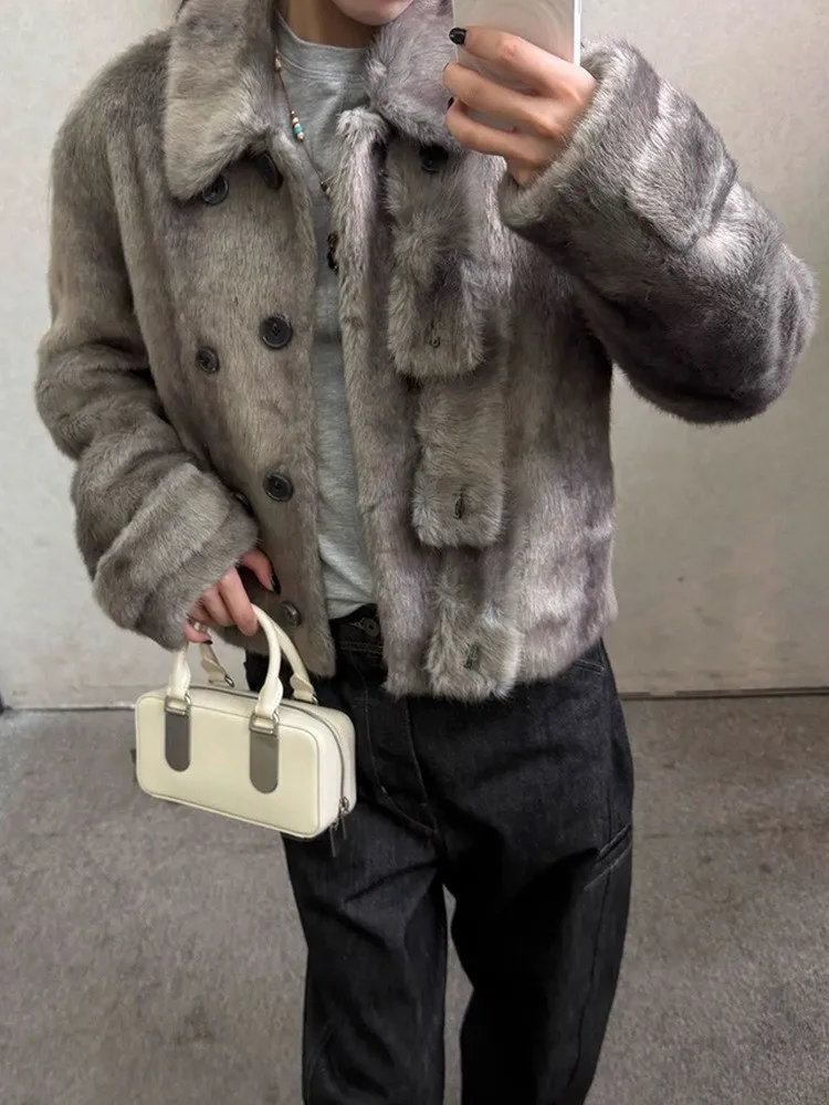Casual Fur Coat Women's ort Plu Button up Collar Vintage Sle Artificial Hair Warmth Long Sve Stand Fit Straight Hem