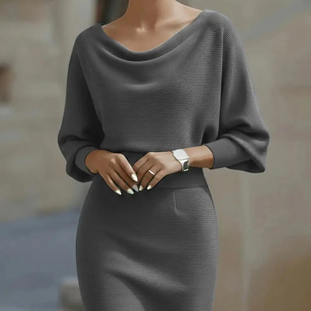 Ladies Elegant Dress Cowl Neck Bodycon Work Dress 3/4 Batwing Sleeve Stretch Office Church Pencil Dress Formal Party Cocktail Bu