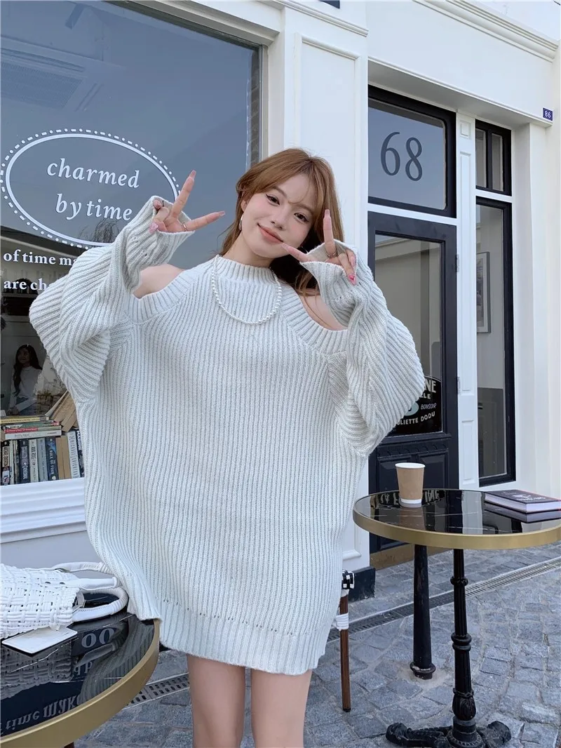 Knitted Sweater Women  Long-sleeved Off Shoulder Pullovers Hotsweet Vintage Streetwear Clothing Y2k Tops Fashion Knitting Dress