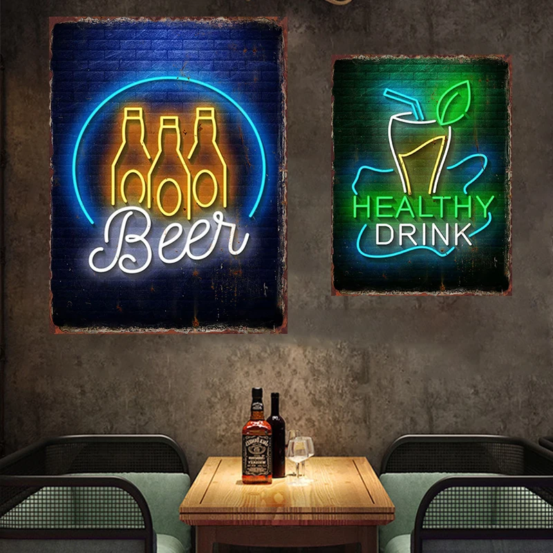 Neon Beer Metal Tin Label Food Poster Cafe Iron Plate Mural Bar Club Red Wine Cocktail Wall Decoration Restaurant Popcorn Plaque