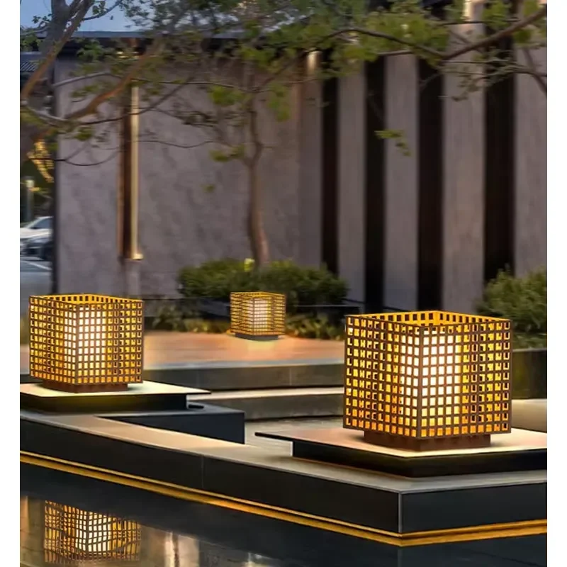 Chinese Style Landscape Solar Pathway Lights Square Outdoor Courtyard Floor Lamps LED IP65 AC Power Solar Column Headlights
