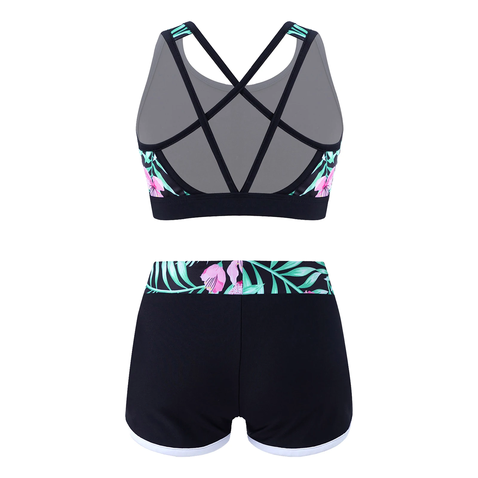 Kids Girls Print Swimsuit Crisscross Straps Crop Top with Boyshorts Shorts Swimwear for Beach Pool Water Park Swimming Bathing