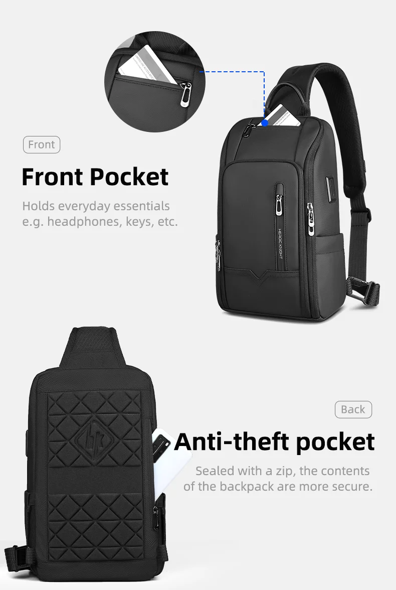 Heroic Knight Modische Umhängetasche für Herren, multifunktionale Fahrrad-Umhängetasche, wasserdicht, USB-Reise-Umhängetasche, lässige Brusttasche – Detail 7
