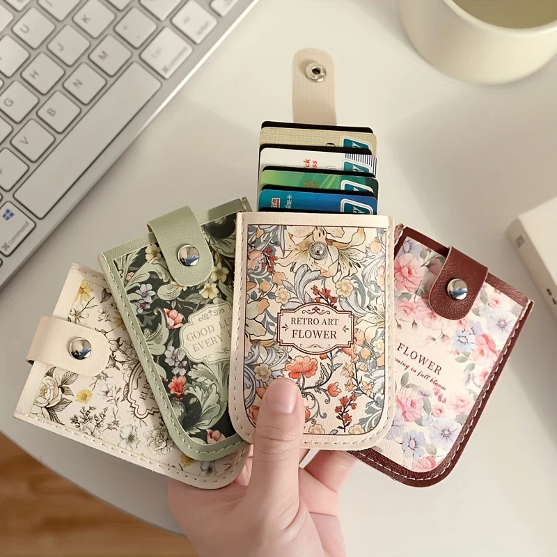

Retro floral pattern pull-out multi-card slot id holder, large capacity ultra-thin synthetic leather card holder with snap closure
