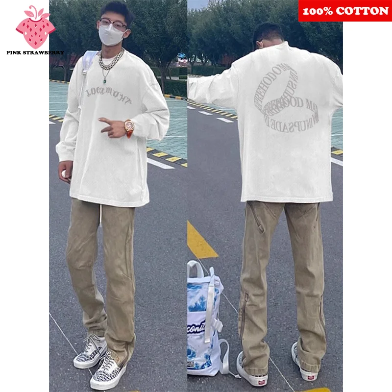 

American Street Hip Hop T-shirt Men Autumn 2025 New 100% Cotton Round neck Long sleeve Loose White T-shirt Y2k Top men clothing