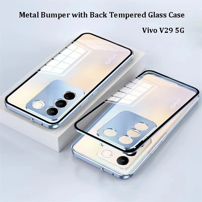 Vivo V29 VivoV29 5G V2250 Case Shockproof Metal Bumper with Clear Tempered Glass Hard Cover Phone Case for Vivo V29 5G V2250