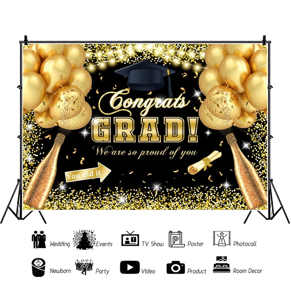 Laeacco Congratulations 2024 Graduation Party Decor Poster Gold Balloon Ribbons Black Photography Backdrop Vinyl Background