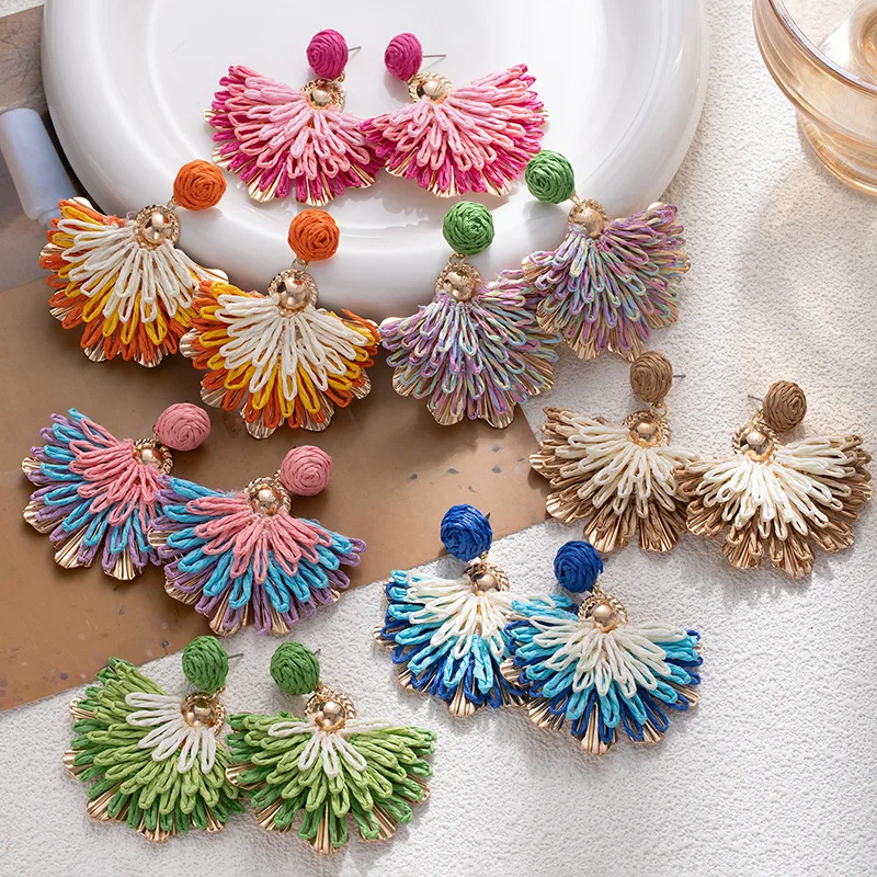 1pc ethnic style hand-woven raffia colorful flower earrings high-end sense bohemian travel photography vacation style earrings