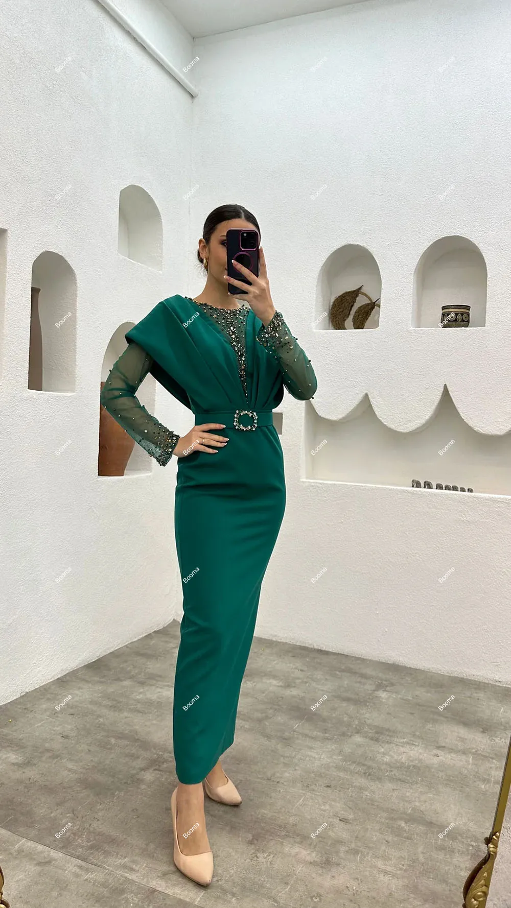 Booma Mermaid Evening Dresses Long Sleeves Belt Sequins Formal Occasion Dress Ankle Length Party Prom Gowns Outfits for Women