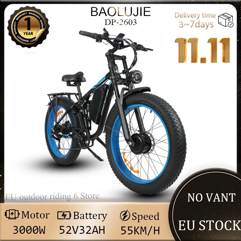 BAOLUJIE DP2603 e-bike 3000W double moteur 52V32AH batterie adulte tout-terrain équitation vélo électrique extérieur tout-terrain vélo électrique