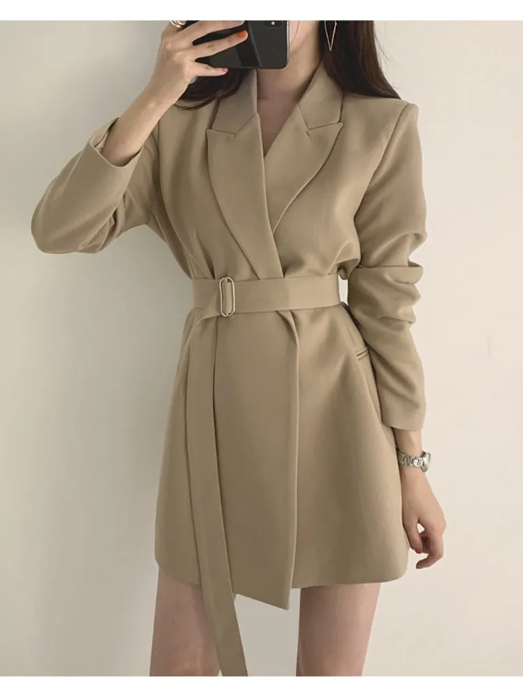 

Blazer Jacket Women with Belt Elegant Coat Lapel Suit Spring New Office Lady Chic Casual Slim Clothing Korean Fashion Outerwear