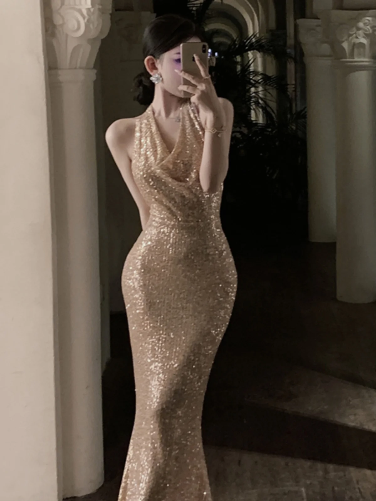 E Vestido de Noche con Lentejuelas para Mujer, Sensación de Alta Gama, Traje de Fiesta, Vestido Largo hasta el Suelo, ...