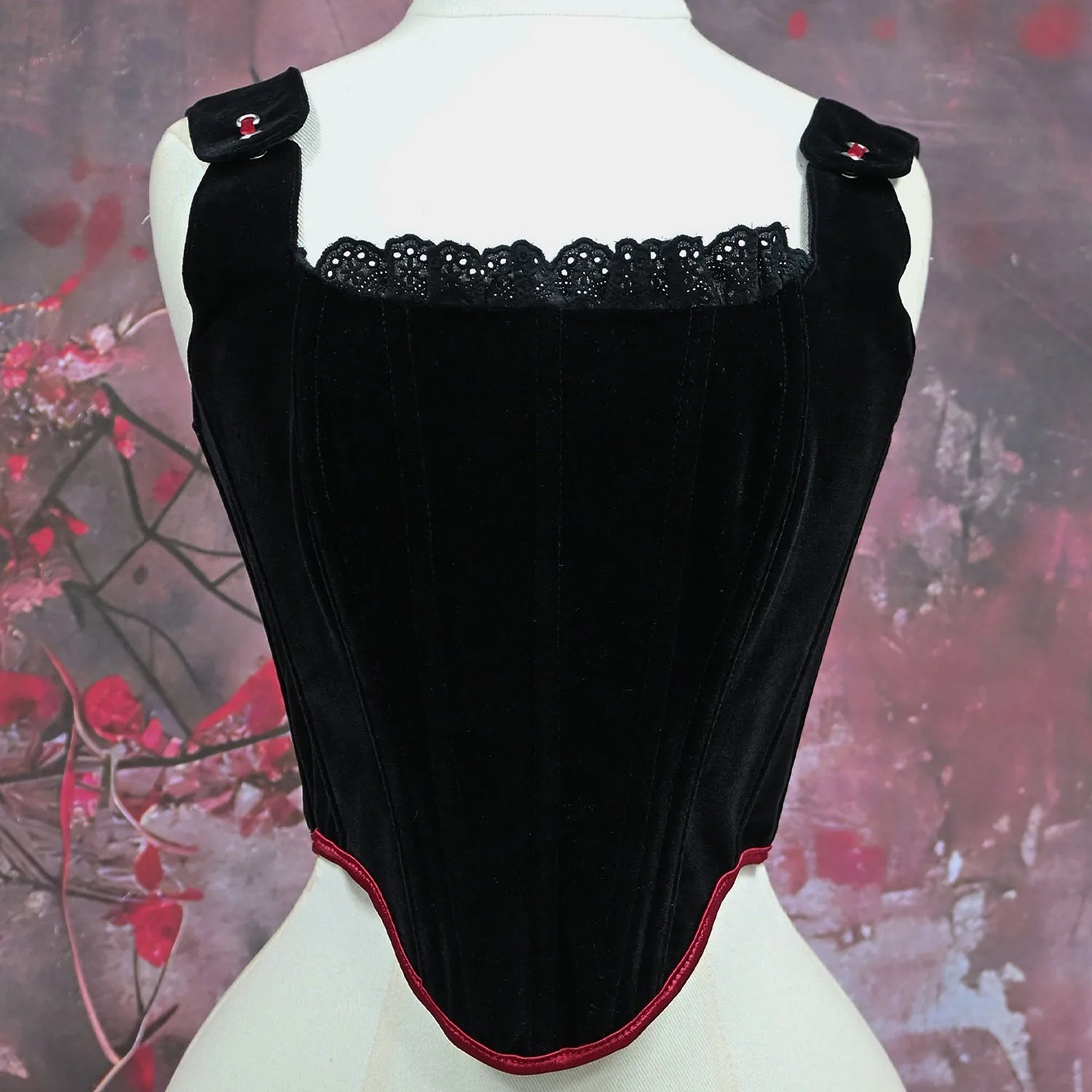 Women corset retro palace style black red edge velvet vest contrasting color strap princess suit