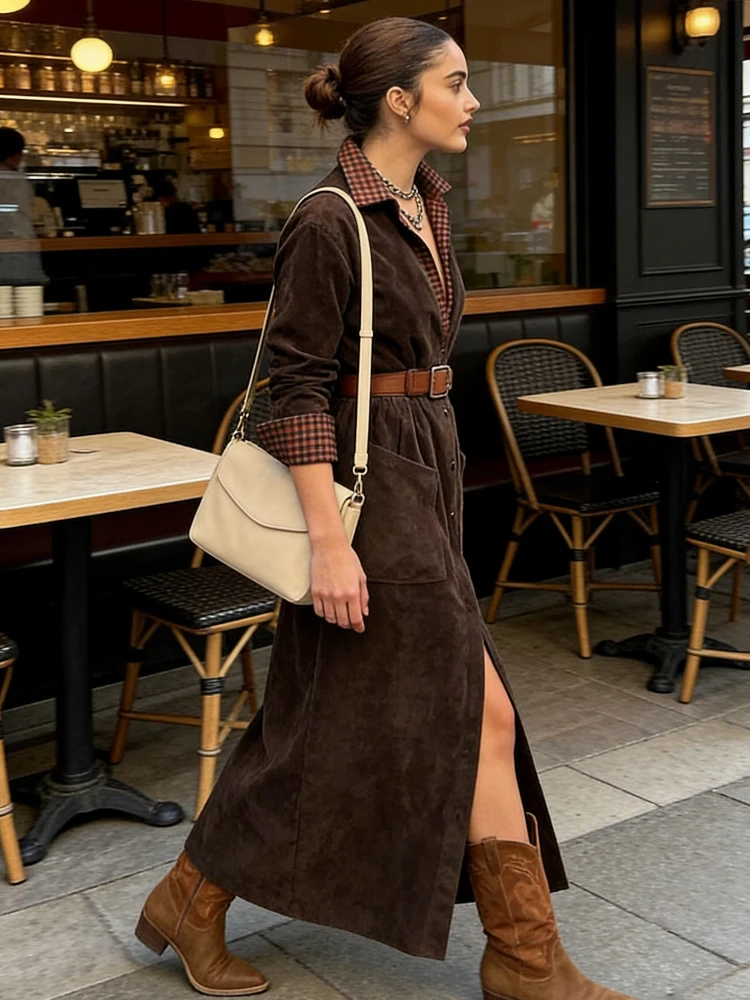 

Vintage Plaid Patchwork Long Dresses Women Casual Lapel Single Breasted Dress With Belt Female 2025 Classic Chic Street Vestidos