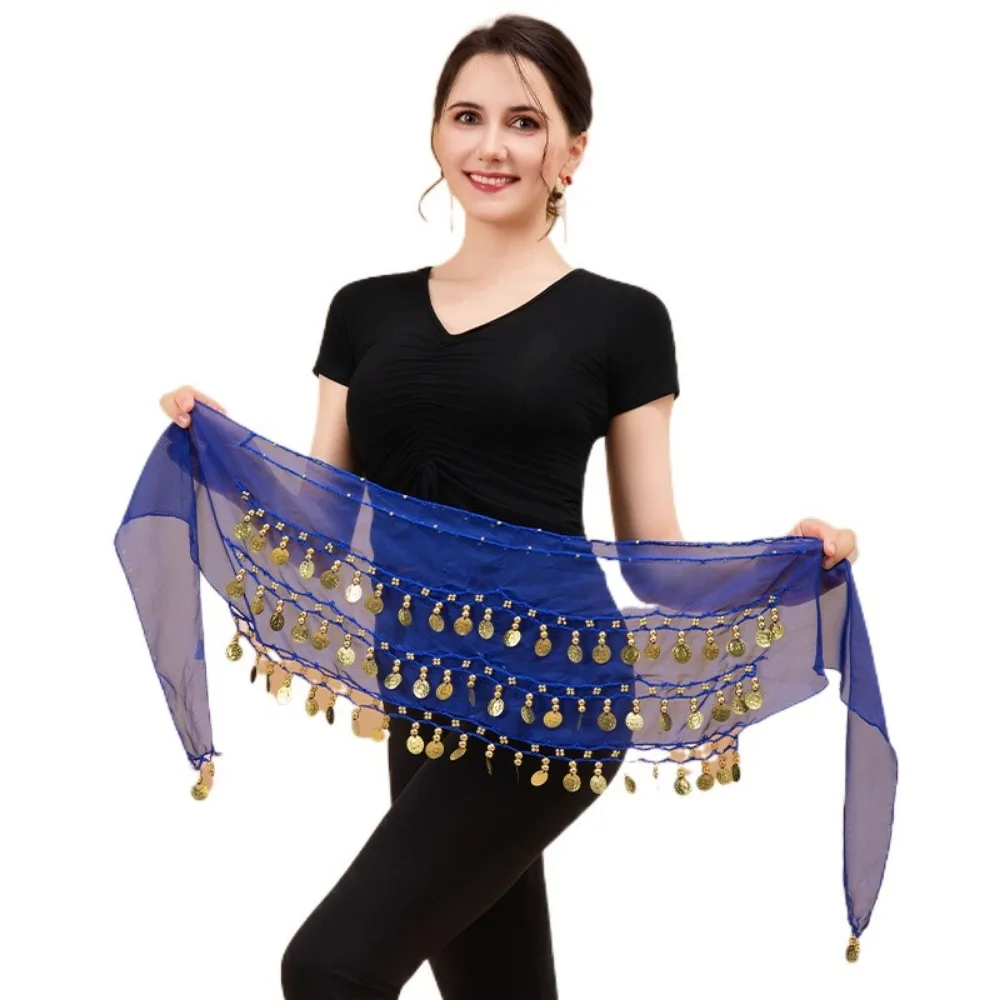 골드 컬러 코인 벨리 댄스 힙 스카프 3겹 쉬폰 소재 힙 스카프 랩 착용하기 쉽고 편안한 착용감