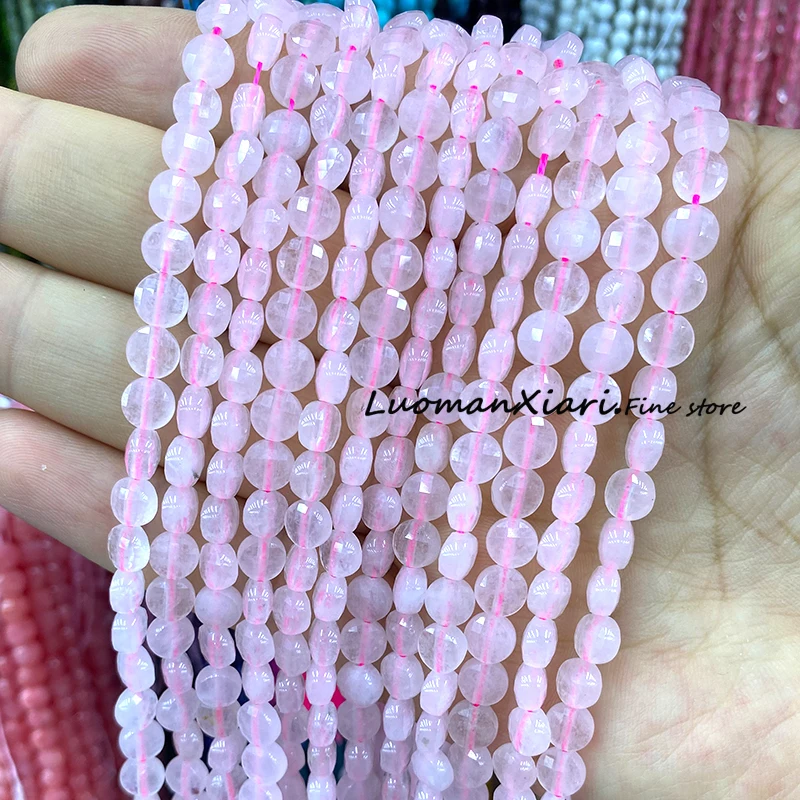 6mm Faceted Flat Round Natural Stone Rose Quartz Loose Coin Spacer Beads for Jewelry Making Diy Bracelet Charms Accessories