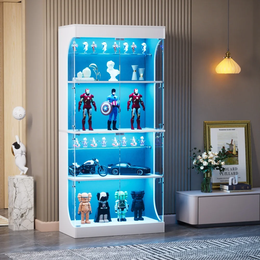Vitrina de cuatro niveles con espacio de almacenamiento, iluminación LED, puertas de vidrio y sensores inteligentes. Ideal como vitrina antipolvo para el salón, la habitación y el escritorio. Blanche. 80 x 35 x 165 cm