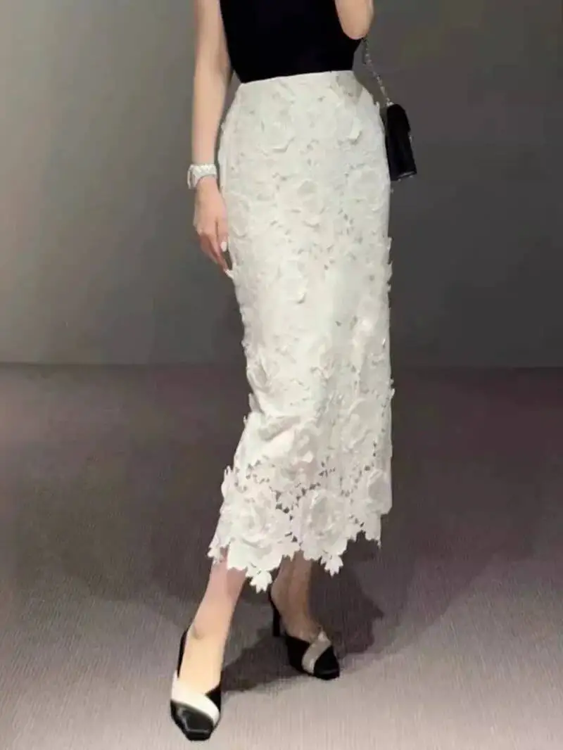 Elegant Lace Asymmetrical Skirt Women Vintage Y2K Boho High Waist Hollow Mesh Patchwork Layered Maxi Skirts Lady Holiday 4G3W