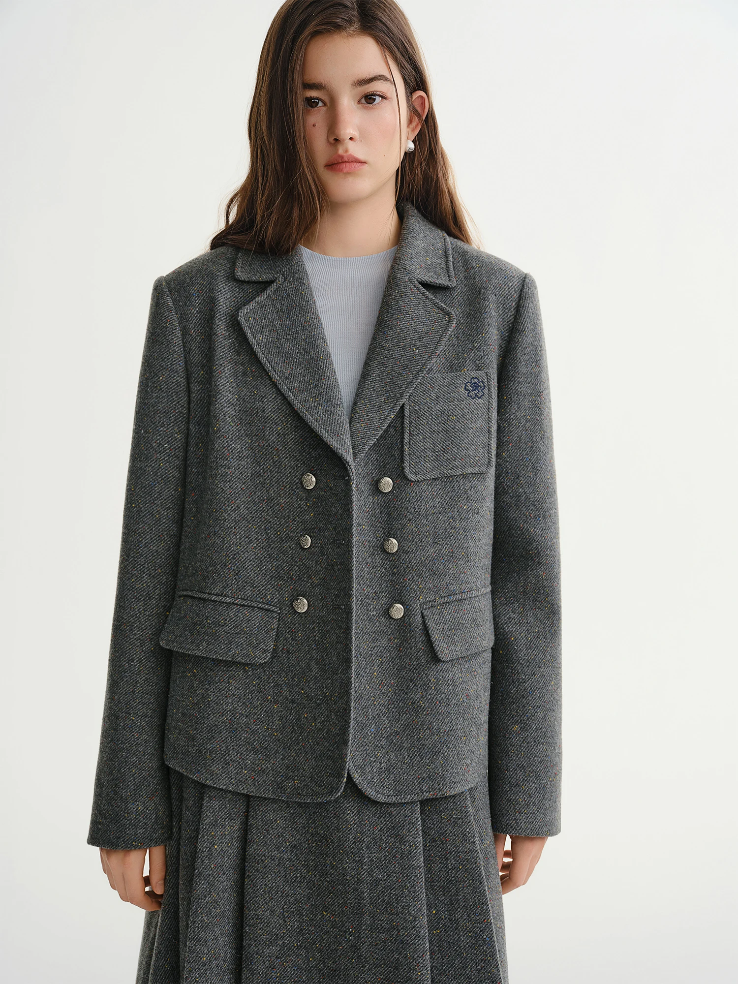 DUSHU Retro College Style Colorful Dot Twill Wool Suit Women Loose Gary Blazers A-line Pleated Skirt Two-piece Sets BF Commuting