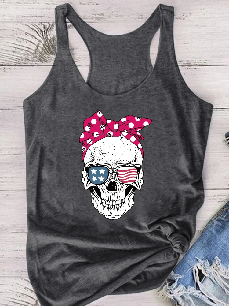 Women Sleeveless Summer Vest Fashion Tops for Teens Casual Camiseta Tirantes Mujer Skull Scarf Sunglasses Print Tank Top