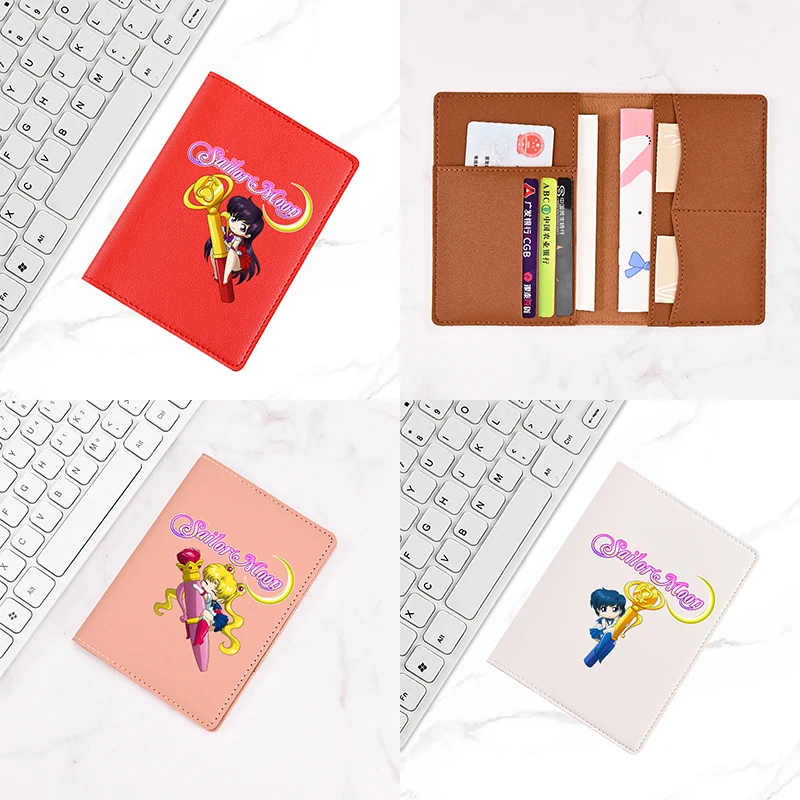Sailor Moon Tsukino Usagi hombres mujeres PU cuero pasaporte Clip Anime viaje billete almacenamiento Clip documento pasaporte protección cubierta