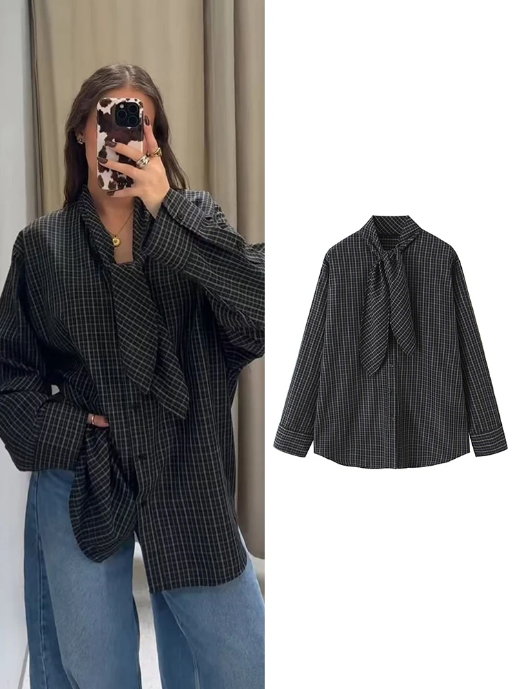 

2026 New Women's Retro Plaid Shirt Fashion Simple Casual Loose Long-sleeved Scarf Collar Shirt Lady Single Breasted Top