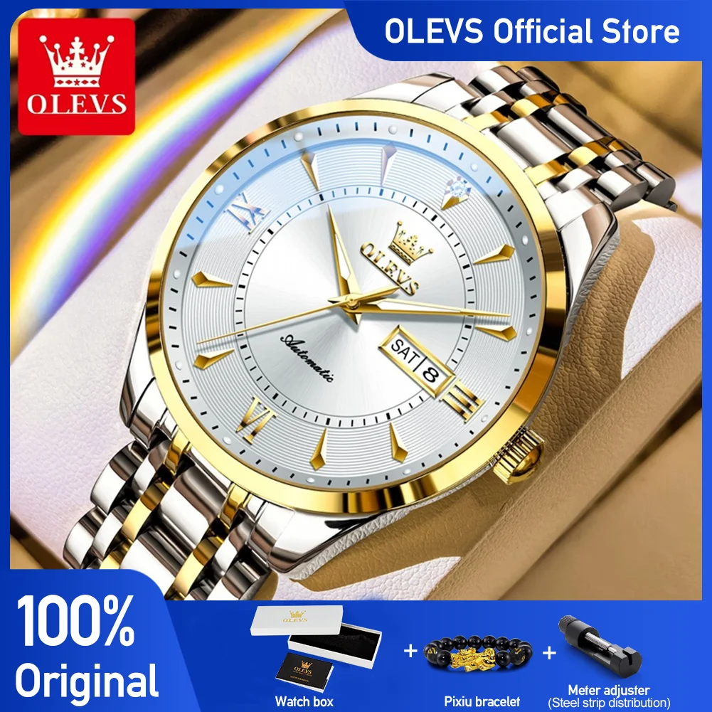 OLEVS 6757 Business Men Mechanical Movement Watch Luminous Function 30m Waterproof Week Date Display Window Steel Strap Watch