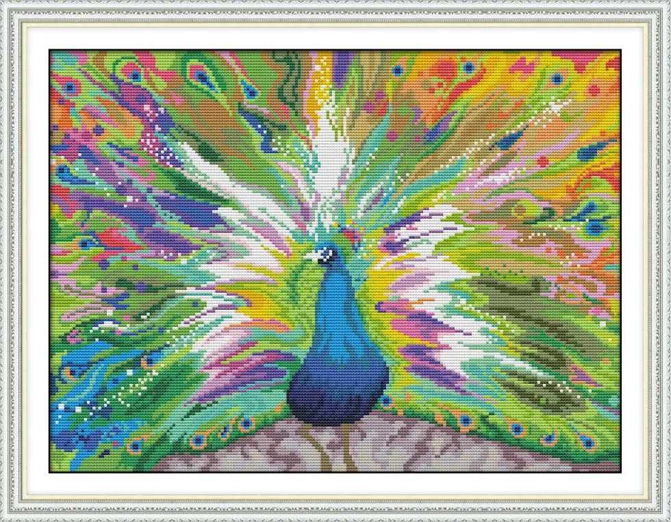 

The Peacock Spreads Its Tail 2-Soulgift News Pre-Printed Cross Stitch Kit, Stamped Aida Fabric with DMC Threads, Embroidery Kit