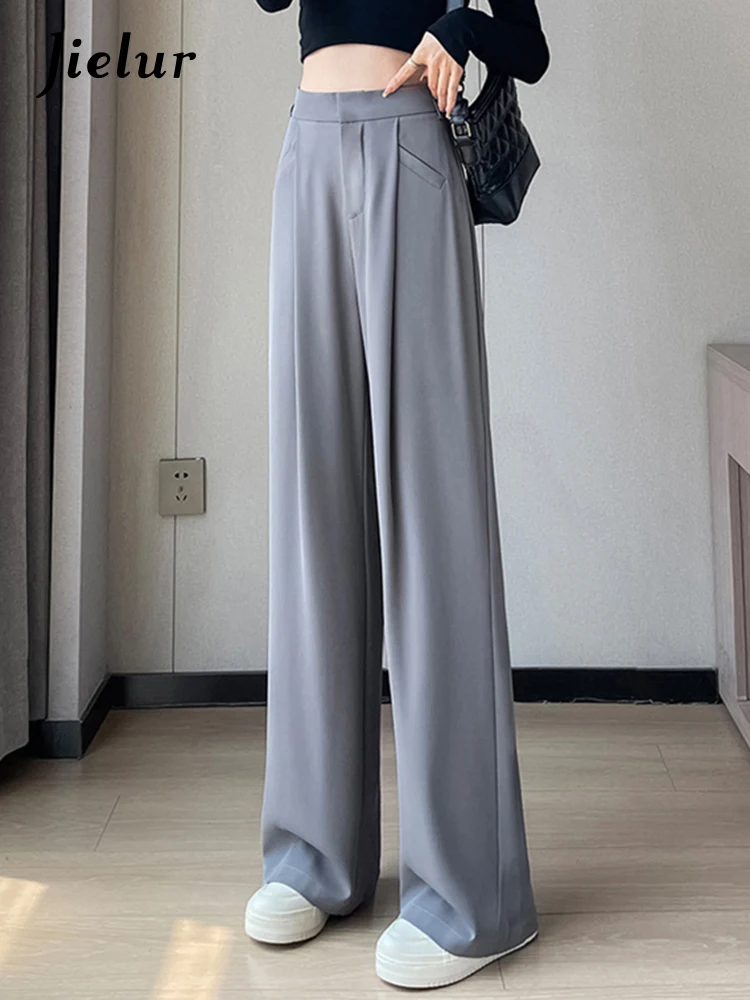 

Jielur Casual Full Length Female Suit Pants High Waist Straight Chic Pocket Fashion Office Lady Solid Color Women Wide Leg Pants