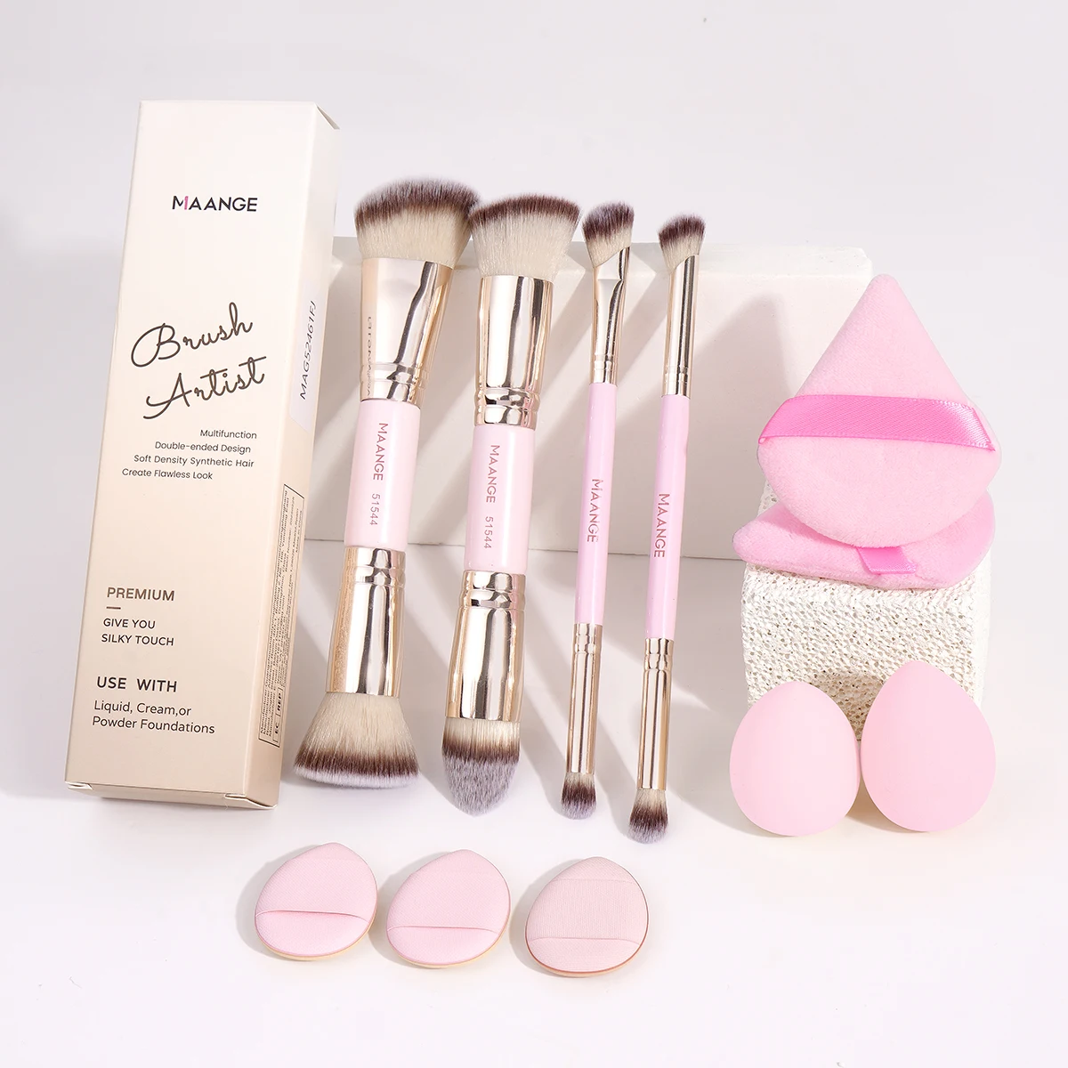 MAANGE Kit de Herramientas de Maquillaje Profesional de 11 Piezas, Incluye 4 Brochas de Maquillaje con Caja, 7 Esponjas de Maquillaje, Set de Viaje Fácil de Transportar