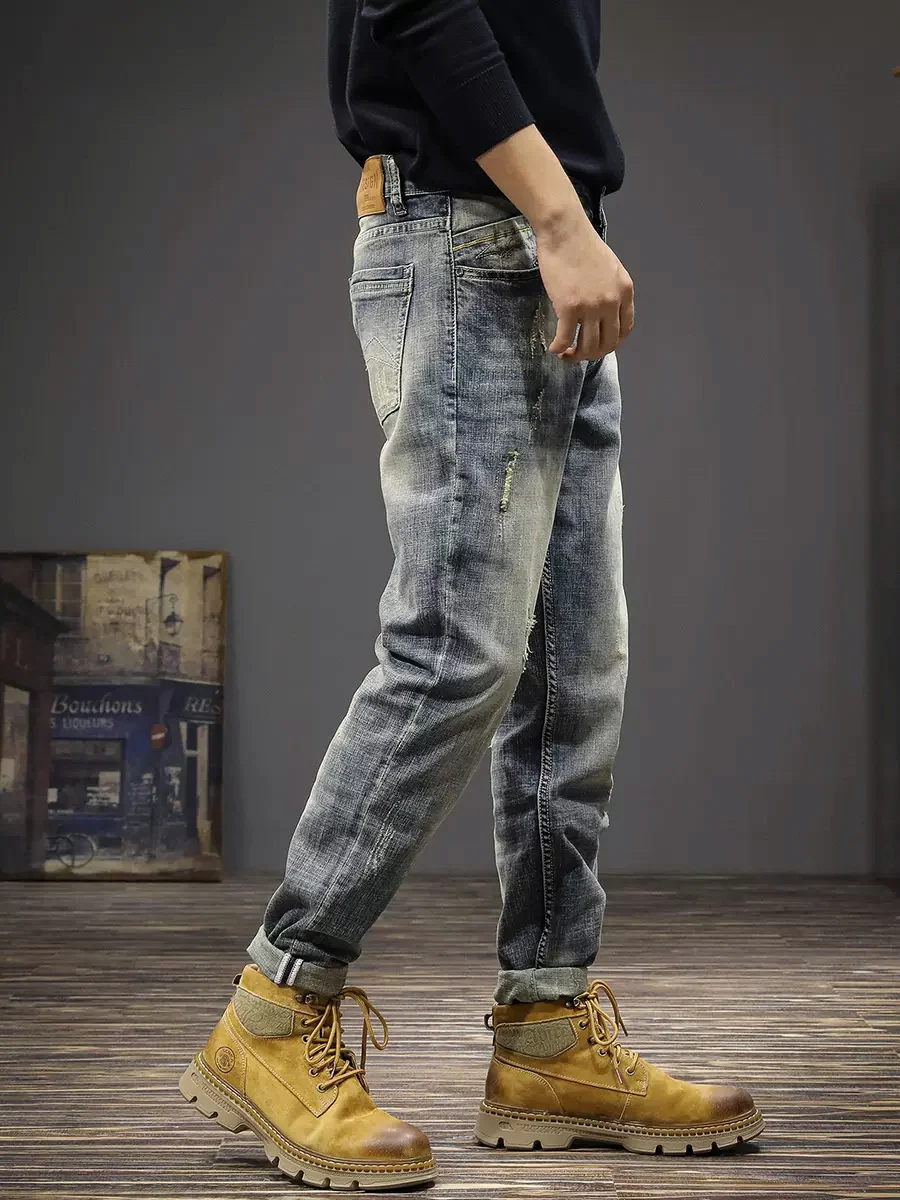Italian Style Fashion Men Jeans Retro Blue Stretch Slim Ripped Jeans Men Elastic Trousers Vintage Designer Denim Pants Hombre