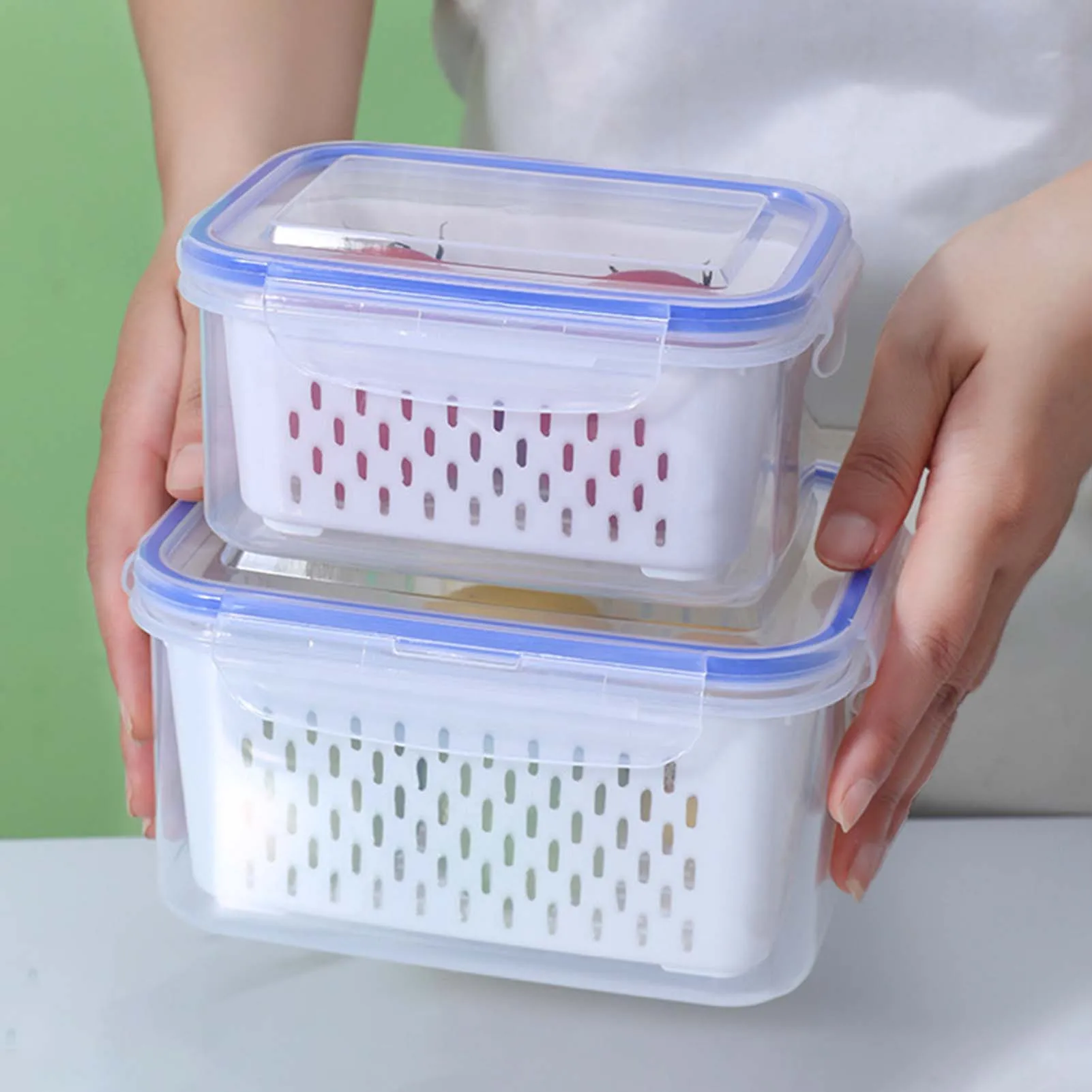 Double Layer Drain Food Container Vegetable Fruit Refrigerator Organizations Suitable for Salad Cheese Lettuce