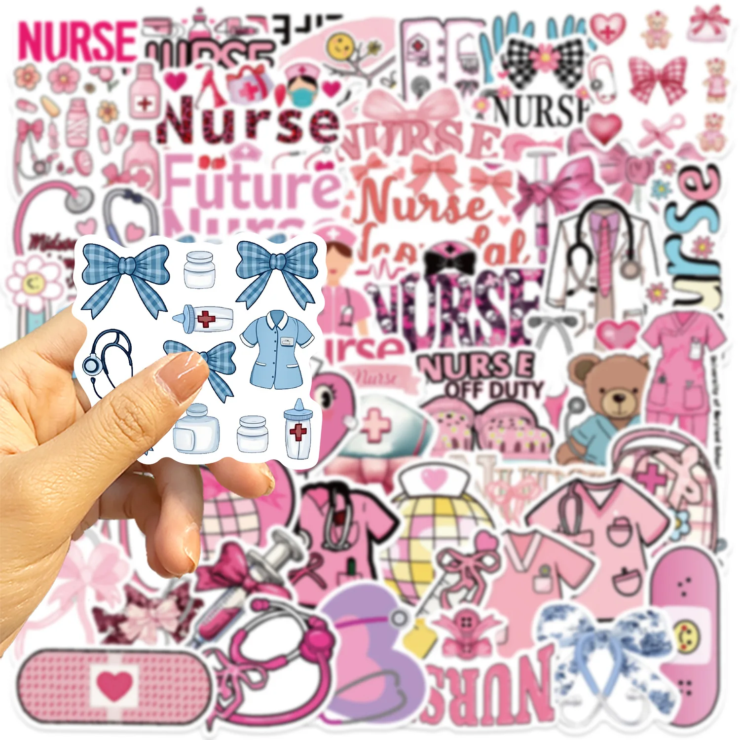50 PCS Pink Bow Nurse's Day Graffiti Stickers Guitar Notebook Stationary Box Luggage DIY Waterproof Decoration Stickers