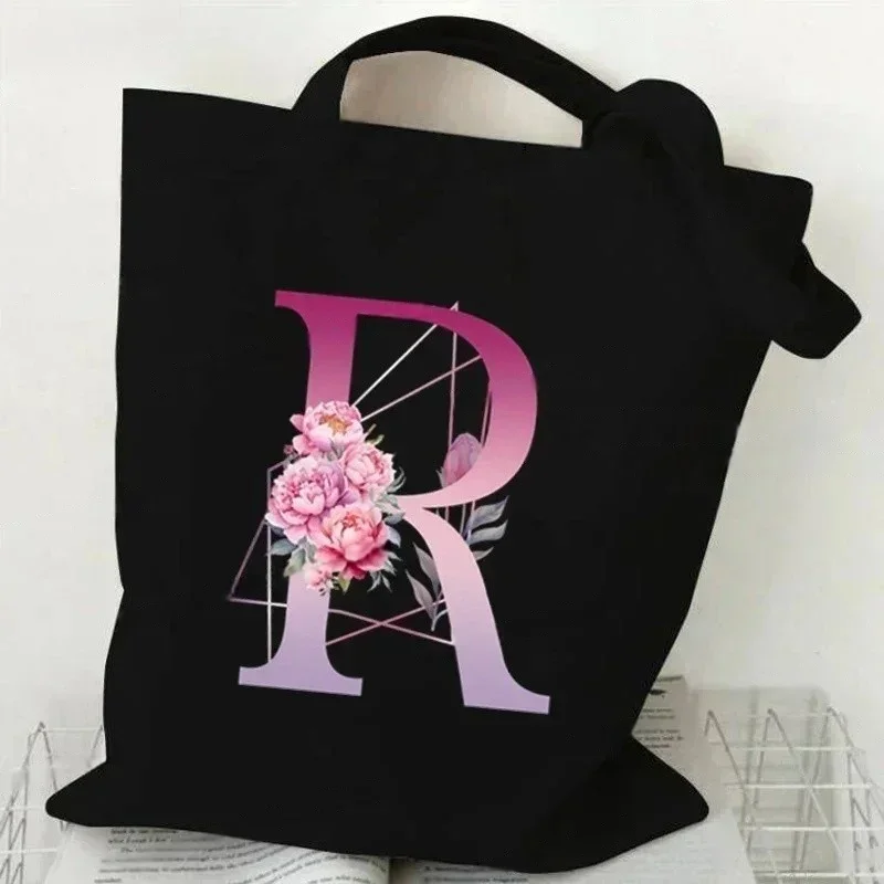 Black Purple Floral Alphabet Canvas Tote Bag Retro Harajuku Shoulder Bag for Women & Men Reusable Letter Print Shopper