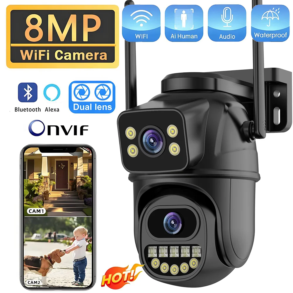 8mp-4kデュアルレンズワイヤレスptz-ipカメラ、デュアルスクリーン6mp-ai人間検知自動追跡屋外監視カメラicsee