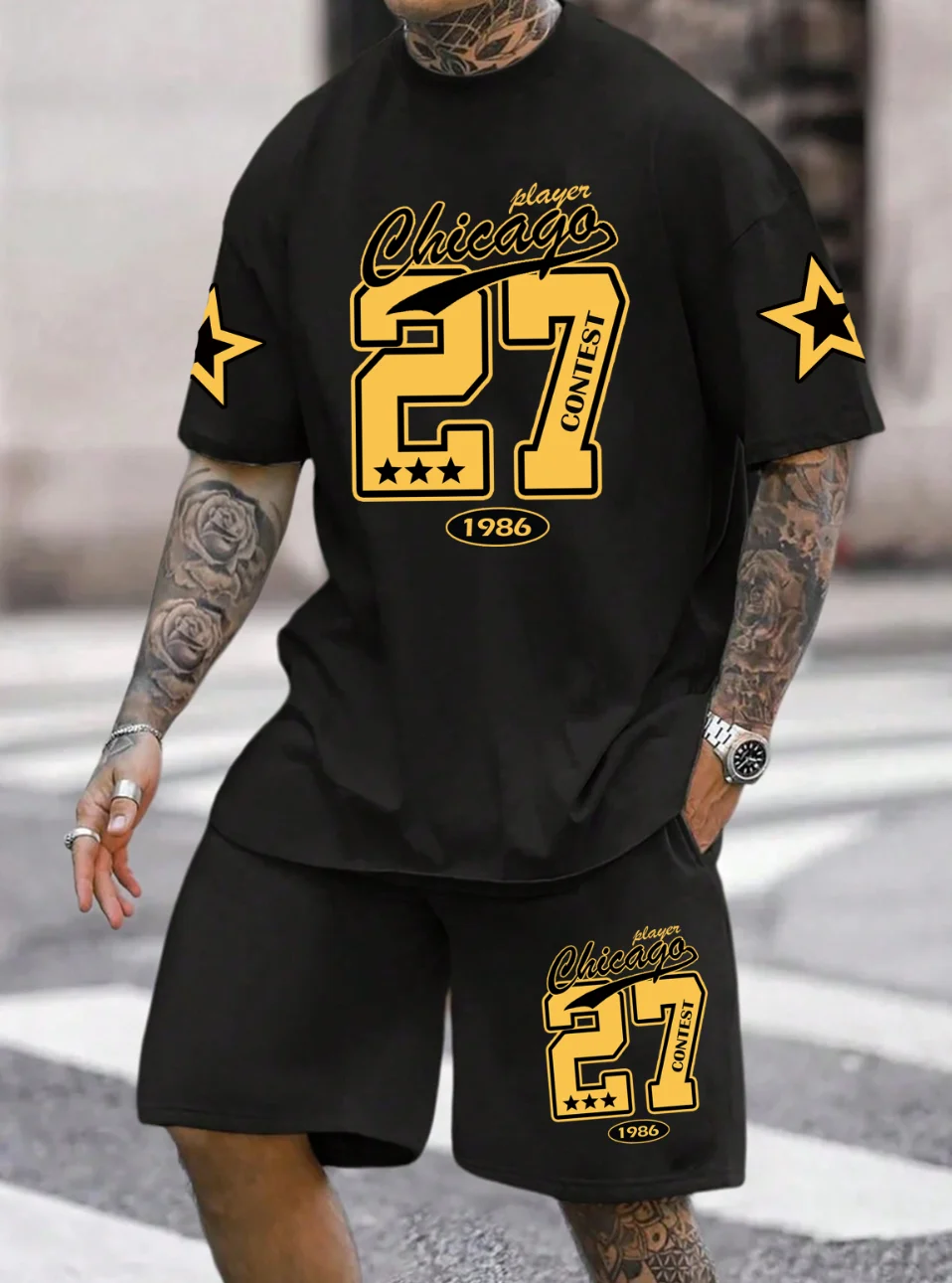 

Men's Summer Short-sleeved and Shorts Sets with a Casual and Trendy Fashion Style and Highly Eye-catching Number 27 Print