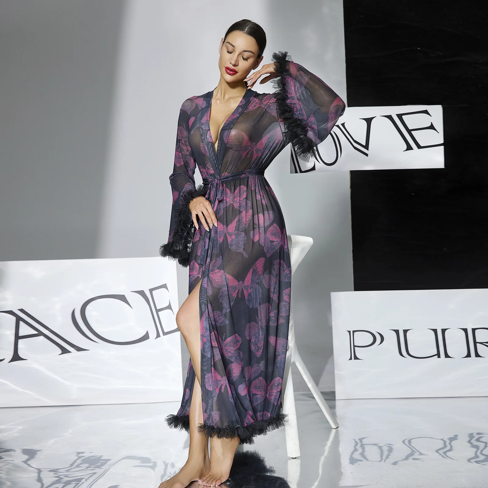 Fashion Printed Long Sleeve Bathrobe For Women Spring Summer Thin Sleepwear Robe Tide Women's Shower Robes Wedding Dress
